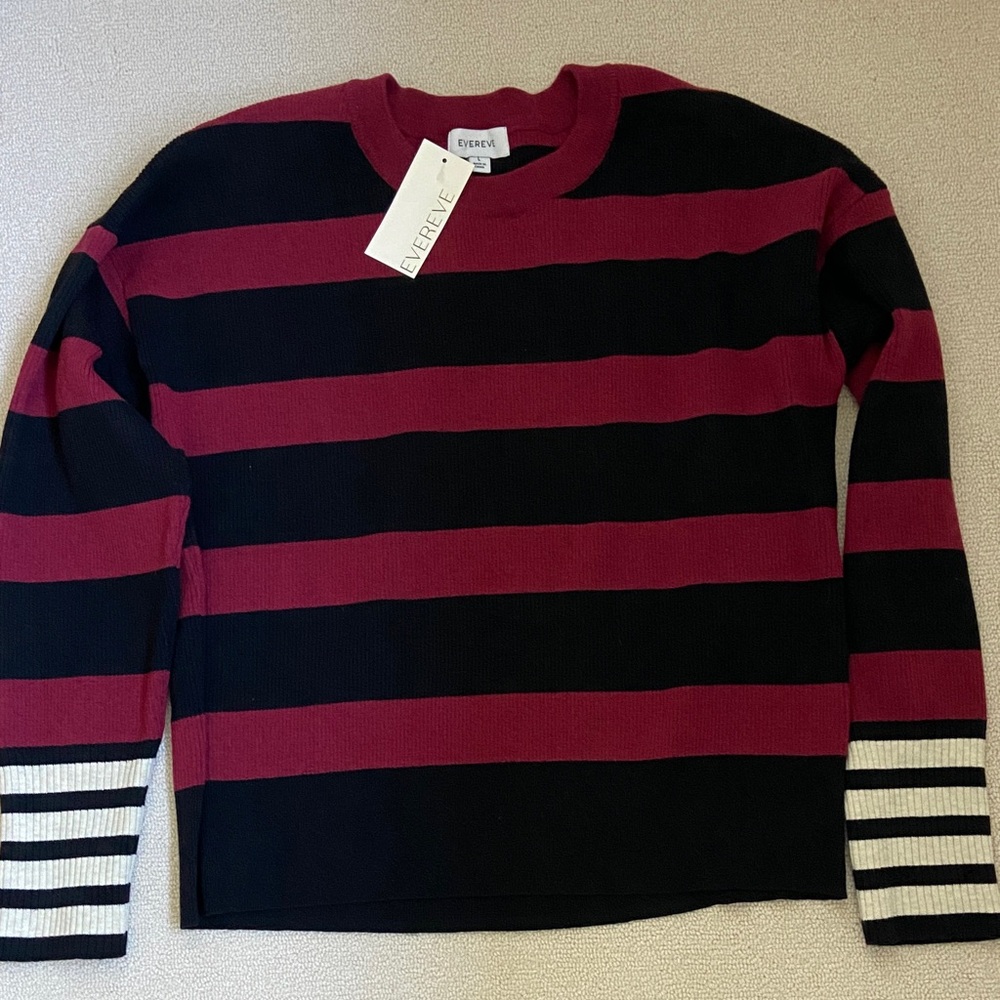Evereve Red and Black Striped crew neck sweater.